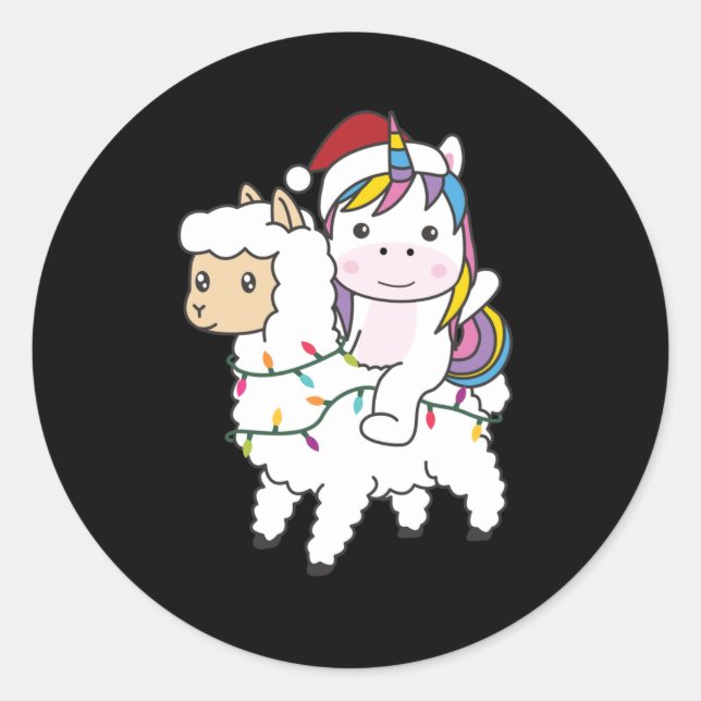 Pegatina Redonda Unicorn Llama Christmas Snow Winter Animals (Anverso)