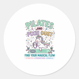 Pegatina Redonda Unicorn Pilates y polvo de hadas tipografía negrit