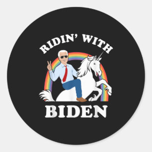 Pegatina Redonda Unicorn Ridin Con Joe Biden, Funny