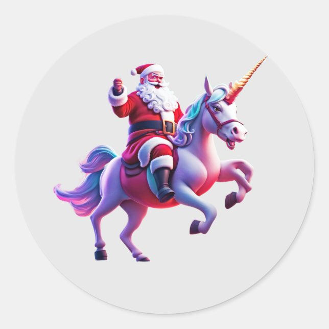 Pegatina Redonda Unicorn Riding Santa (Anverso)