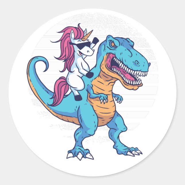 Pegatina Redonda Unicorn Riding T-Rex (Anverso)