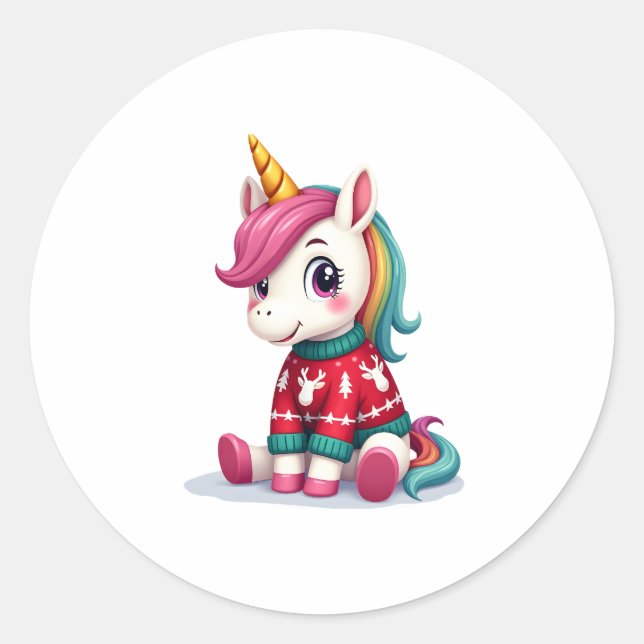 Pegatina Redonda Unicorn with Christmas Sweater Unicorn Girls Chris (Anverso)
