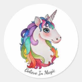 Pegatina Redonda Unicornio acuarela con pelo de arco iris