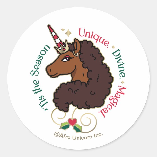 Pegatina Redonda Unicornio Afro 'Este es unicornio de temporada (Anverso)