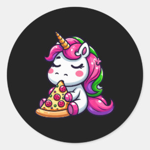 Pegatina Redonda Unicornio Animal Comiendo Pizza Margherita Comida 