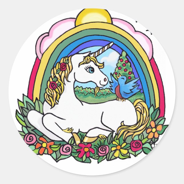 Pegatina Redonda Unicornio & Arcoíris (Anverso)