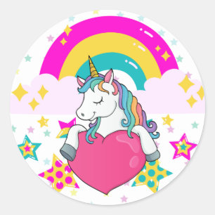 Pegatina Redonda Unicornio arcoiris con estrellas