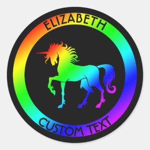 Pegatina Redonda Unicornio Arcoiris En Círculos Negros