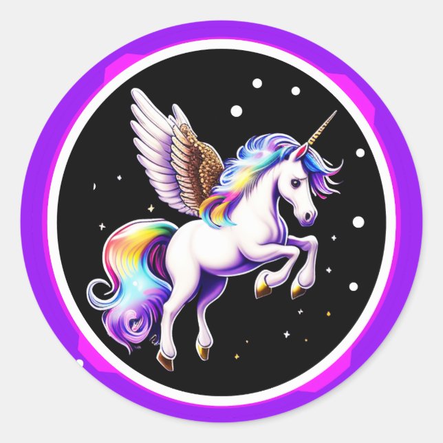 Pegatina Redonda Unicornio arcoiris mágico (Anverso)