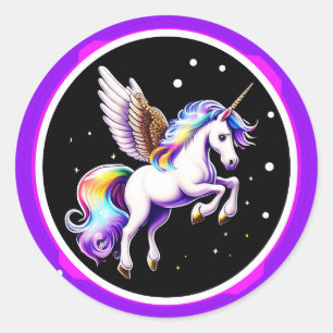 Pegatina Redonda Unicornio arcoiris mágico