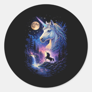 Pegatina Redonda Unicornio aullando a la luna vintage 90s unicornio