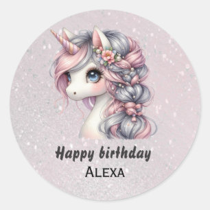 Pegatina Redonda Unicornio bebé mágico acuarela moderna