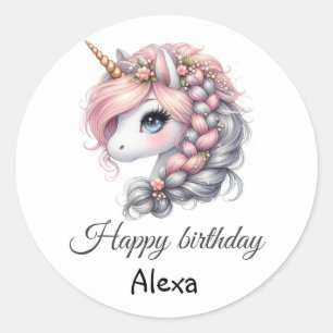 Pegatina Redonda Unicornio bebé mágico de acuarela moderna