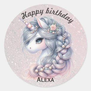 Pegatina Redonda Unicornio bebé mágico de acuarela moderna