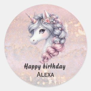 Pegatina Redonda Unicornio bebé mágico de acuarela moderna
