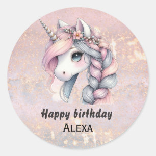 Pegatina Redonda Unicornio bebé mágico de acuarela moderna