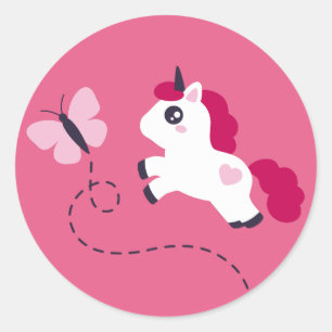 Pegatina Redonda Unicornio blanco con mariposa