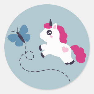 Pegatina Redonda Unicornio blanco con mariposa