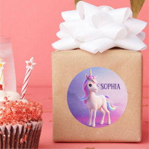Pegatina Redonda Unicornio blanco lindo con forma rosa y azul