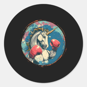 Pegatina Redonda Unicornio Boxeador Con Guantes De Boxeo Kickboxing