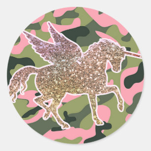 Pegatina Redonda Unicornio Camuflaje Camo Rosa Verde y Purpurina Do