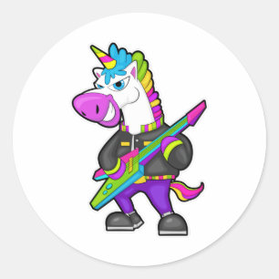 Pegatina Redonda Unicornio como músico con guitarra