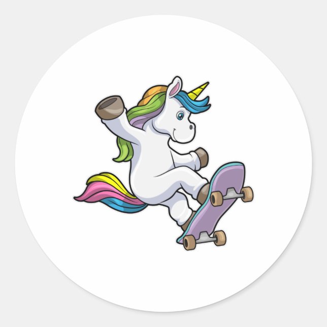 Pegatina Redonda Unicornio como patinador (Anverso)