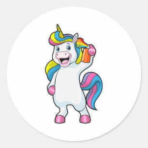 Pegatina Redonda Unicornio como peluquero con aerosol de pelo