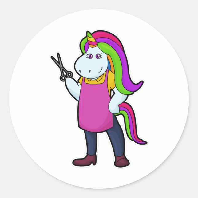 Pegatina Redonda Unicornio como peluquero con tijeras (Anverso)