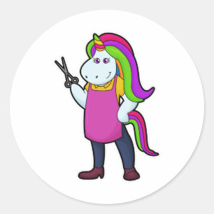 Pegatina Redonda Unicornio como peluquero con tijeras
