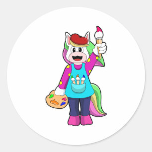Pegatina Redonda Unicornio como pintor