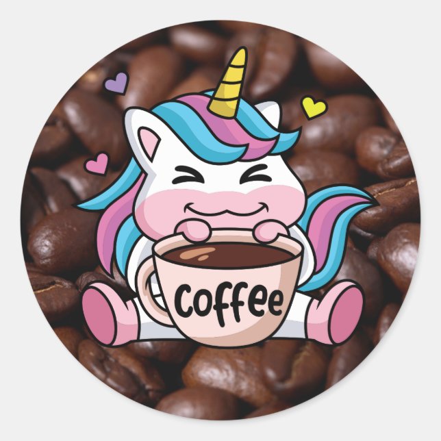 Pegatina Redonda Unicornio con café (Anverso)