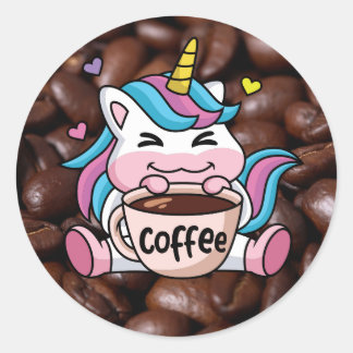Pegatina Redonda Unicornio con café