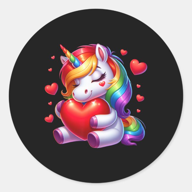 Pegatina Redonda Unicornio Con Día de San Valentín Cardíaco Para Ch (Anverso)