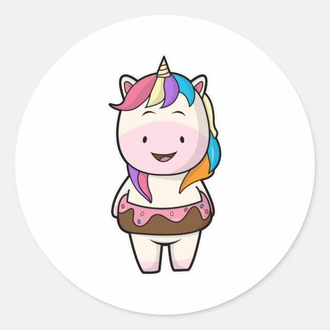 Pegatina Redonda Unicornio con donut de chocolate (Anverso)