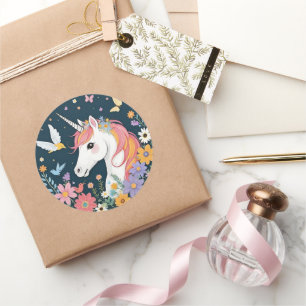 Pegatina Redonda Unicornio con flores y mariposas