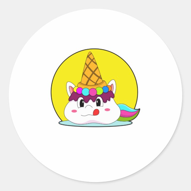 Pegatina Redonda Unicornio con helado (Anverso)