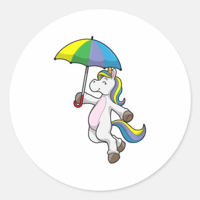 Pegatina Redonda Unicornio con paraguas (Anverso)