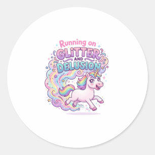 Pegatina Redonda Unicornio corriendo sobre brillo y encanto de ilus