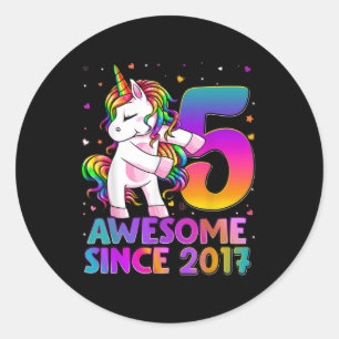 Pegatina Redonda Unicornio de 5 años de edad Chica Unificado