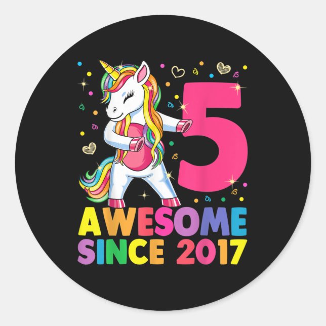 Pegatina Redonda Unicornio de 5 años de edad Chica Unificado (Anverso)