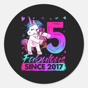 Pegatina Redonda Unicornio de 5 años de edad Chica Unificado