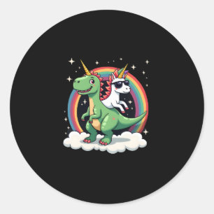 Pegatina Redonda Unicornio de Arcoíris montando T rex - Dinosaurio
