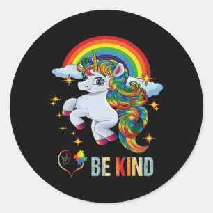 Pegatina Redonda Unicornio de Conciencia del Autismo Sé Amable Seña
