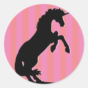 Pegatina Redonda Unicornio de cría negra (rayas rosas)