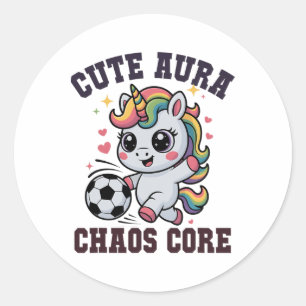 Pegatina Redonda Unicornio de fútbol divertido aura linda caos núcl