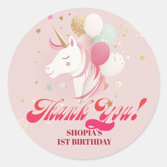 Pegatina Redonda Unicornio de primer cumpleaños mágico (Anverso)