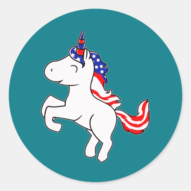 Pegatina Redonda Unicornio de White Patriotic USA Flag Mane Persona (Anverso)