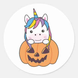 Pegatina Redonda Unicornio En Calabaza Cute Unicornios Feliz Hallow