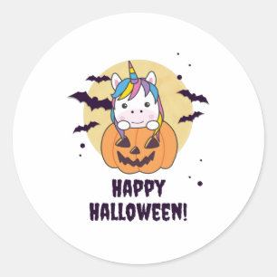 Pegatina Redonda Unicornio En Calabaza Cute Unicornios Feliz Hallow